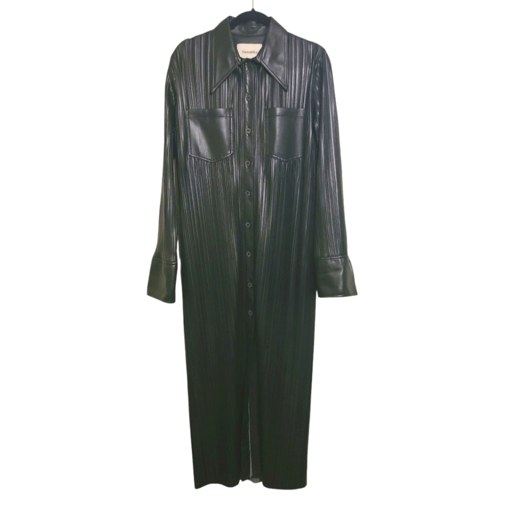Nanushka | Women's Black Faux Leather Long Sleeve Ribbed Shirtdress (Size Large)